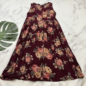 Partners Womens Vintage 90s Crinkle Midi Dress Size M Purple Pink Rose Floral